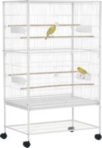 PawHut 52" Large Steel Bird Cage for Parrot Budgie Cockatiels African Grey Parakeets Pigeons with Rolling Stand, Storage Shelf, Wood Perch, Food Container, White - Image 2