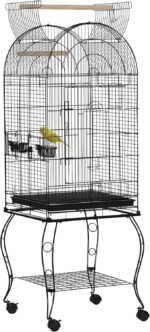 PawHut 60" Bird Cage with Openable Top, Large Parrot Cage with Rolling Stand, Wheels, Removable Tray, Bowls, Storage Shelf for Cockatie, Sun Conure, Black - Image 2