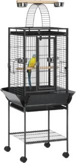 PawHut 61.5 Inch Bird Cage Parrot Parakeet House for Cockatiel with Stand, Pull Out Tray, Play Top, Storage Shelf, Wood Perch, Food Container, Black - Image 2