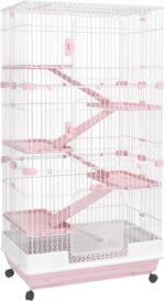 PawHut 63" H Guinea Pig Cage, 6-Level Rabbit Cage for Ferret, Chinchilla, Hedghog, Bunny, Small Animal Habitat with Wheels, Slide-Out Tray, Ramp, Pink - Image 2