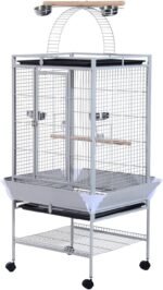 PawHut 64 Inch Bird Cage Parrot Parakeet House for Cockatiel with Stand, Pull Out Tray, Play Top, Storage Shelf, Wood Perch, Food Container, Silver - Image 2