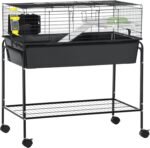 PawHut Small Animal Cage, 35" Rolling Guinea Pig Cage with Detachable Stand, Water Dispenser, Food Dish, Ramp, Wheels, for Rabbit, Bunny, Ferret, Chinchilla, Dark Grey - Image 2