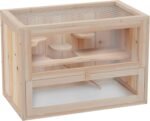 PawHut Wooden Hamster Cage, Small Animal Habitat with Openable Roof, Ramp, Run Space, Platforms, Pet House for Dwarf Hamsters, Gerbils, Natural Wood - Image 2