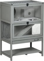 PawHut Wooden Hamster Cage with Storage Shelf, Large Rat Mouse Habitat Including Seesaw, Small Animal Cage with Sliding Tray, Wide Ramp for Racing, Running Wheel, 35.5" H - Image 2