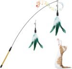 Pawaboo Feather Teaser Cat Toy, Interactive Feather Wand Cat Toy Flying Feather Cat Catcher with Extra Long 34.5" Wand and Small Bell, Fun Exerciser Playing Toy for Kitten or cat, White & Green - Image 2