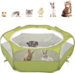 Pawaboo Small Animals Playpen, Waterproof Small Pet Cage Tent with Zippered Cover, Portable Outdoor Yard Fence with 3 Metal Rod for Chick/Kitten/Puppy/Guinea Pig/Rabbits/Hamster/Chinchillas,Green - Image 2