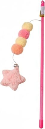 Pink Cat Teaser Wand with Plush Ball, Elastic Rope with Star Pendant, Handmade Interactive Kitten Tool - Image 2