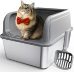 Stainless Steel Cat Litter Box for Kittens, Metal Kitty Litter Box with Scoop, Anti-Leakage Top Entry, Non-Sticky, Easy to Clean, Grey, M (1 Pack) - Image 2