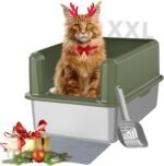 Stainless Steel Litter Box, 60 x 40 x 30 cm XL Large Metal Cat Litter Box with High Enclosed Side for Big Cats, Non-Stick, Anti-Leakage Easy Clean, Include Footboard, Litter Scoop & Litter Mat(Green) - Image 2