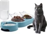Triple Cat Bowls, 15° Tilt 3-in-1 Water Feeder With Automatic Water Bottle, Whisker Friendly Wet and Dry Elevated Feeding Dishes for Small Cats and Puppies (Sky Blue) - Image 2