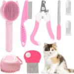 VCZONE 8 Pcs Cat Brush Grooming Kits, Pet Self Cleaning Kit with Pet Nail Clipper and File, Flea Comb, Pet Shampoo Bath Brush, Pet Shedding Brush, Silicone Toothbrush (Pink) - Image 2