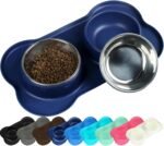 VIVAGLORY Dog Bowl Splashfree Pet Bowl, Dog Dish with Silicone Mat Placemat for Messy Eater, Double Stainless Steel Food Water Feeding Set Dishwasher Safe Spill Proof for Pet, S, Navy Blue - Image 2
