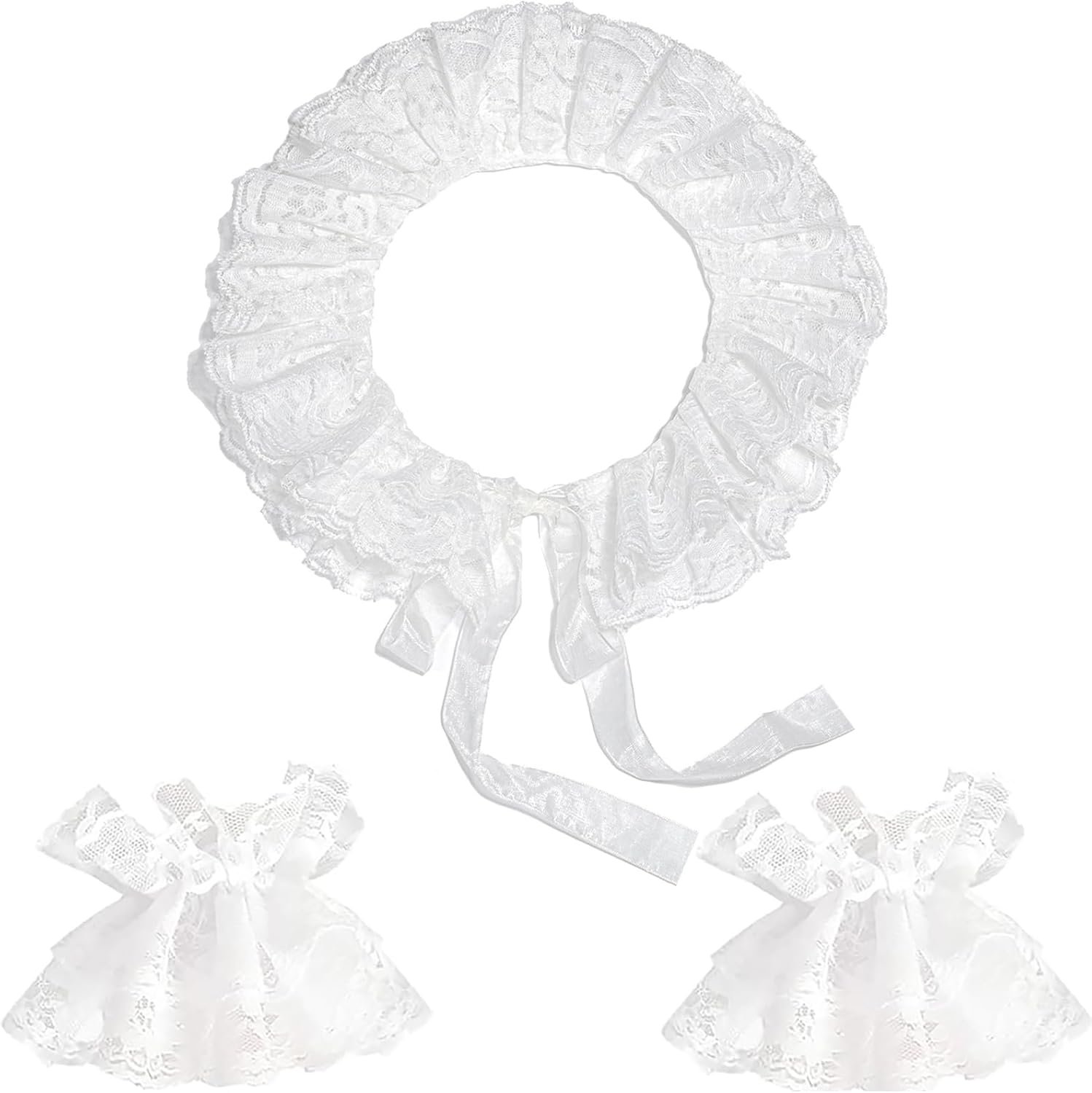 Vintage Victorian Ruffled Collar & Cuff Set, Lace Gloves, Detachable Clown Neck Accessory for Halloween or Costume Party - Image 2