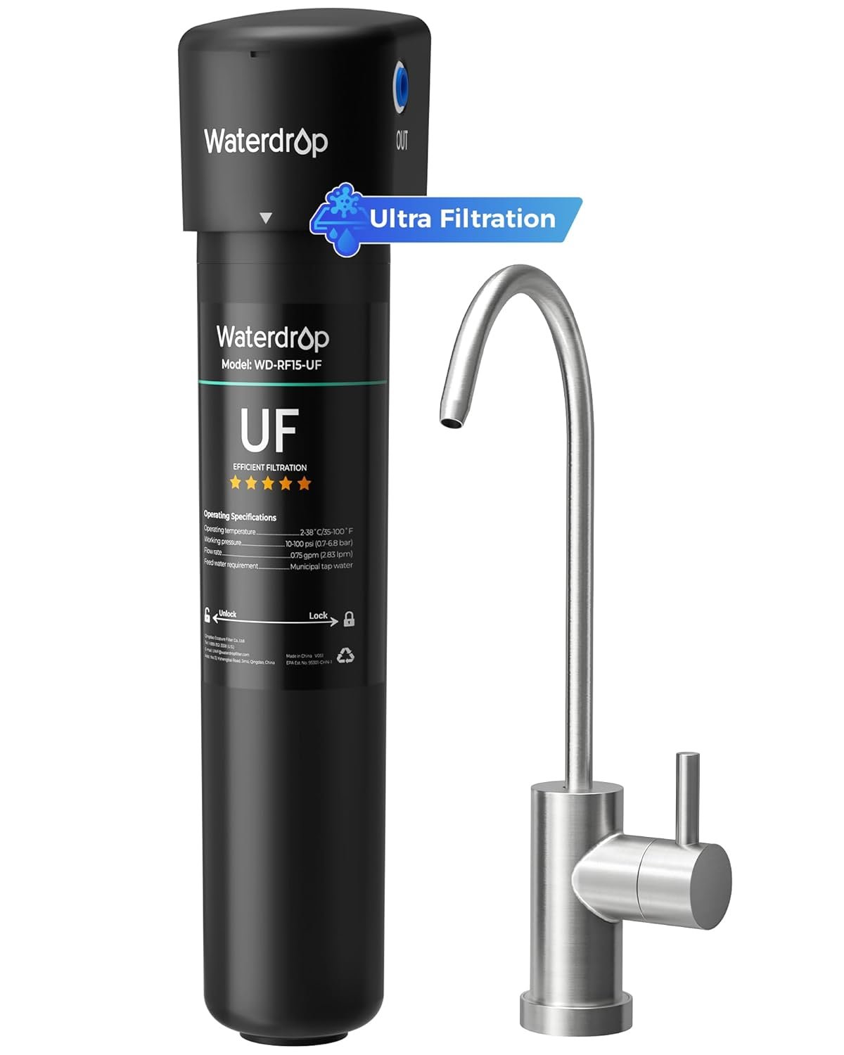 Waterdrop 15UB-UF 0.01 μm Ultra Filtration Under Sink Water Filter System, Reduces Lead, Chlorine, Bad Taste & Odor, 2 Years, with Dedicated Brushed Nickel Faucet, USA Tech - Image 2