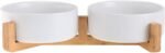 White Ceramic Cat Dog Bowl Dish with Wood Stand No Spill Pet Food Water Feeder Cats Small Dogs Set of 2 - Image 2