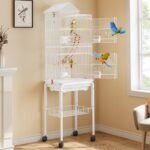 YITAHOME 62" Metal Bird Cage Parrot Cockatiel Lovebird Pigeon with Roof Rolling Stand and Hanging Toy (White) - Image 2