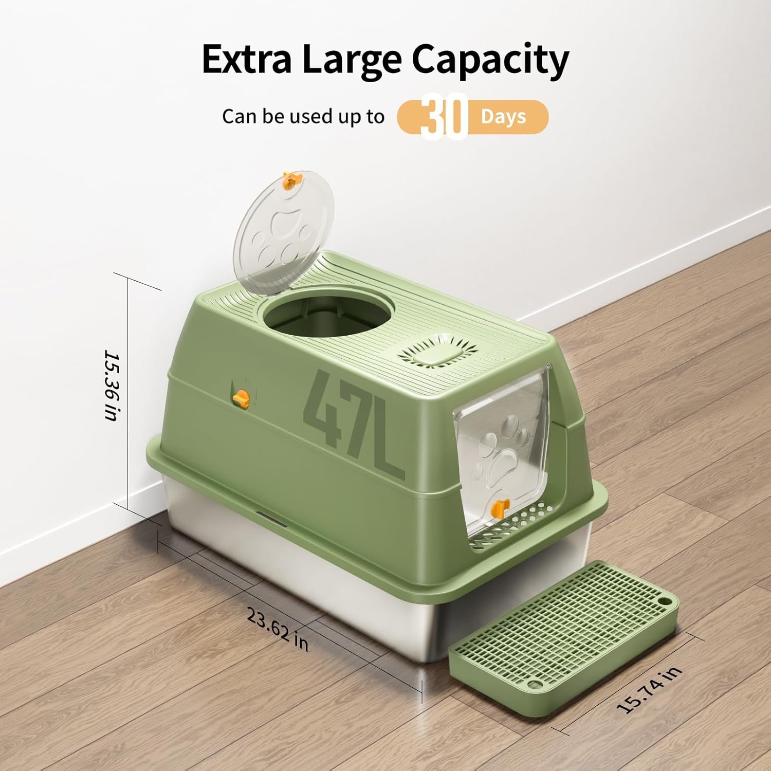 Stainless Steel Cat Litter Box with Lid, XL Large Enclosed High Sided Litter Box with Removable Lid, Carbon Filters -Odor Free, Easy Cleaning, Anti-Urine Leakage for Big Cats/Multiples-Green - Image 3