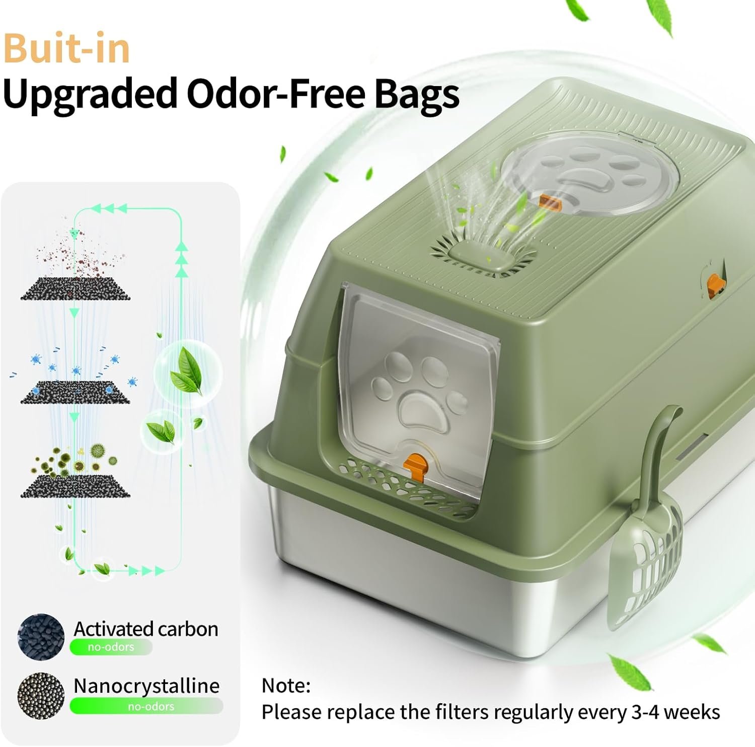 Stainless Steel Cat Litter Box with Lid, XL Large Enclosed High Sided Litter Box with Removable Lid, Carbon Filters -Odor Free, Easy Cleaning, Anti-Urine Leakage for Big Cats/Multiples-Green - Image 5