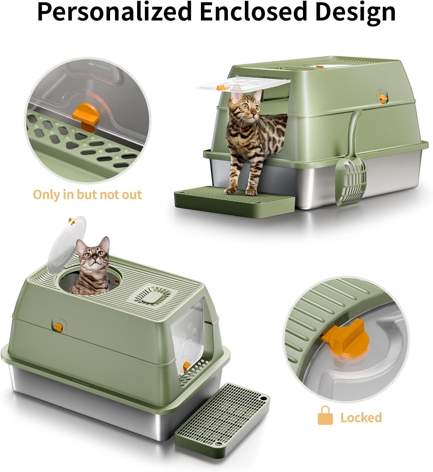 Stainless Steel Cat Litter Box with Lid, XL Large Enclosed High Sided Litter Box with Removable Lid, Carbon Filters -Odor Free, Easy Cleaning, Anti-Urine Leakage for Big Cats/Multiples-Green - Image 6