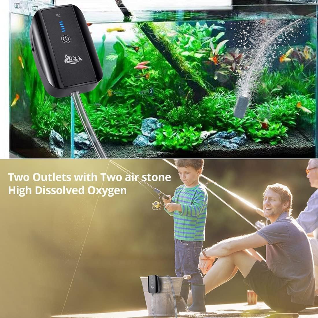 AQQA Aquarium Rechargeable Air Pump,Multifunctional Portable Energy Saving Power Quiet Oxygen Pump, One/Dual Outlets with Air Stone,Suitable for Indoors Power Outages Fishing 1.7W - Image 4
