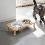 Raised Pet Feeder with Oak Stand - Ergonomic 350 ml Ceramic Double Bowl Set for Small Dogs & Cats (Oak Stand & 2 White Bowls) - Image 3