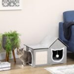 PawHut Large Cat House Cave for Indoor, Covered Cat Bed with Soft Cushion, Scratching Pad, Dangling Ball, Kitten Condo Hideaway with Dual Entrances, Grey - Image 3