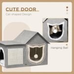 PawHut Large Cat House Cave for Indoor, Covered Cat Bed with Soft Cushion, Scratching Pad, Dangling Ball, Kitten Condo Hideaway with Dual Entrances, Grey - Image 6