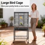 53 Inch Bird Cage with Wheels,Standing Wrought Iron Birdcage with Wooden Perches, Large Parrot Cage Bird Cages with Slide-Out Tray Water Bottle Feeder for Parakeets,Cockatiel - Image 3