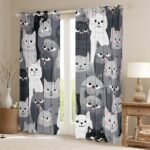 Feelyou Cats Window Drapes Grey and White Cats Curtains Pet Pattern Window Curtains for Bedroom Living Room for Kids Boys Girls Cat Lover's 3D Animal Theme Treatments, 38x45 Inches,2 Panels - Image 3