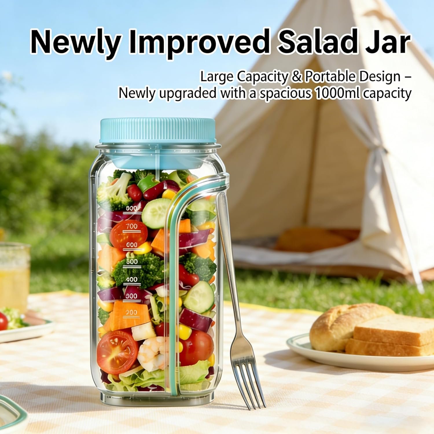 Portable Salad Jar with Side Opening, with Dressing Cup – Leak-Resistant Container for Lunch, Work, Travel & Office Food Prep, On The Go Salad Jar for Adults, 5 Colors, Camping & Picnic (Pink) - Image 3