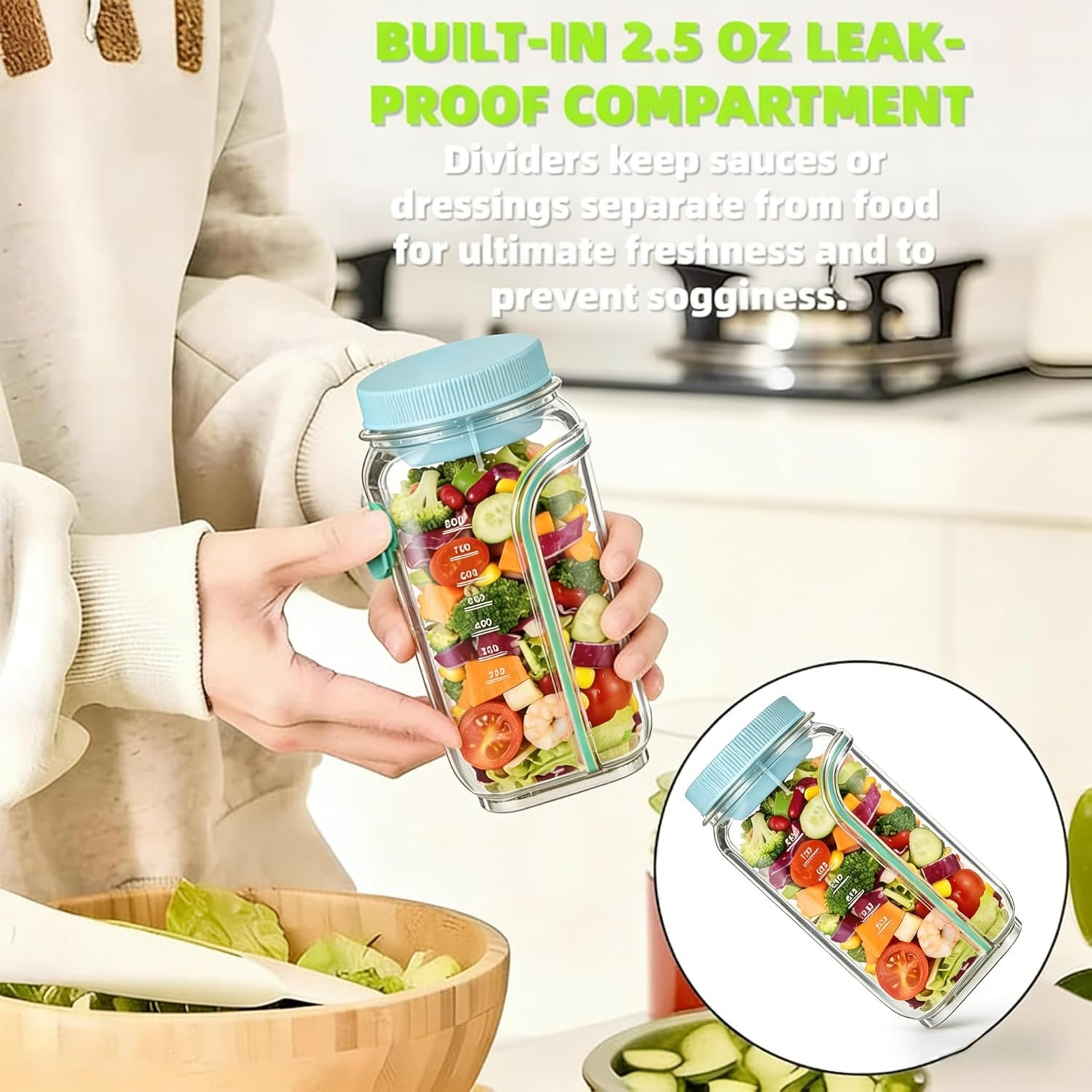 Portable Salad Jar with Side Opening, with Dressing Cup – Leak-Resistant Container for Lunch, Work, Travel & Office Food Prep, On The Go Salad Jar for Adults, 5 Colors, Camping & Picnic (Pink) - Image 6