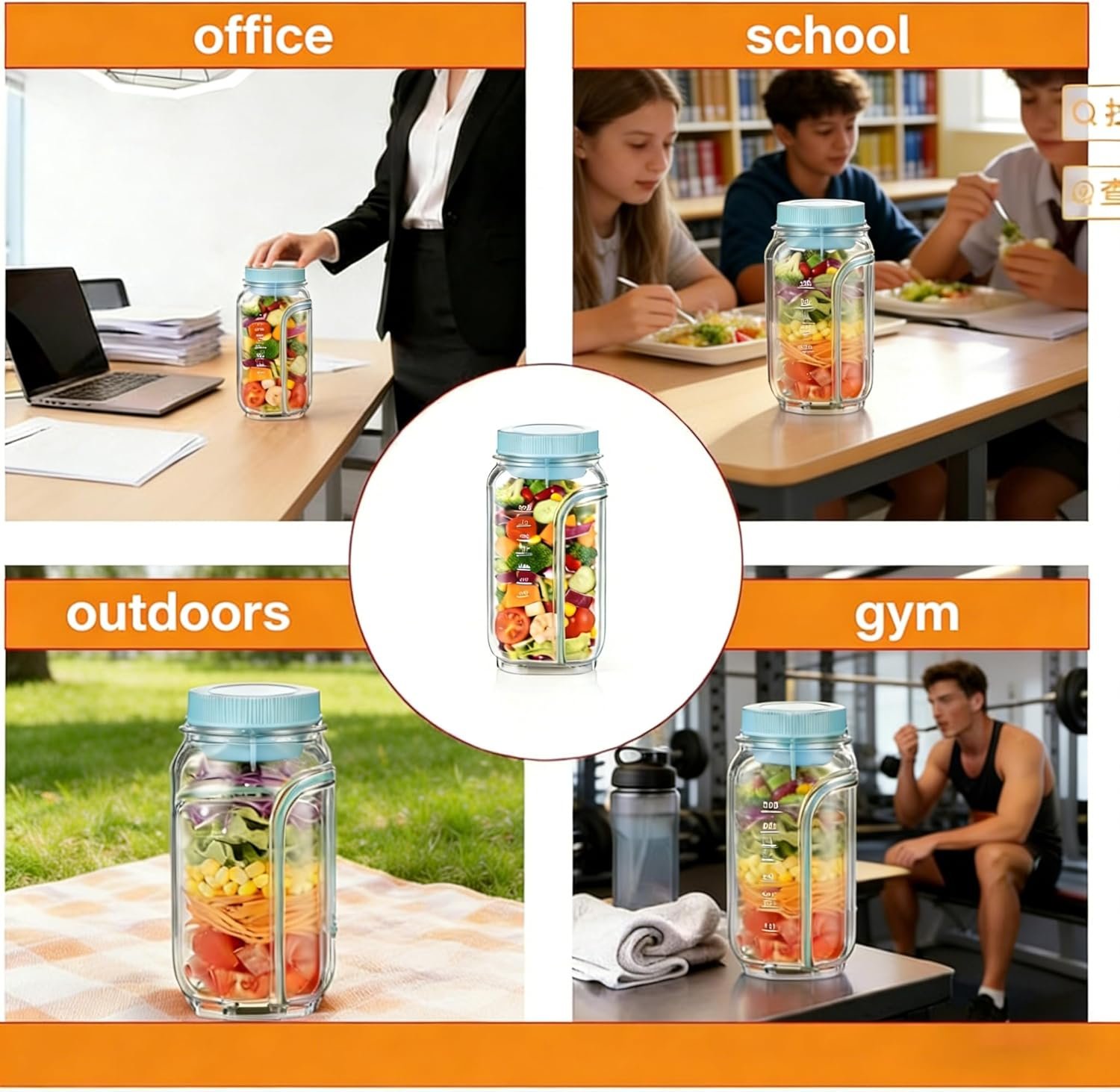 Portable Salad Jar with Side Opening, with Dressing Cup – Leak-Resistant Container for Lunch, Work, Travel & Office Food Prep, On The Go Salad Jar for Adults, 5 Colors, Camping & Picnic (Pink) - Image 9