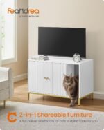 Feandrea Litter Box Enclosure, Modern Cat Litter Box Furniture Hidden, with Scratching Mat, Tall Legs, Cat House, Side End Table, 35.4 x 18.9 x 24.2 Inches, White and Gold UPCL027W01 - Image 3