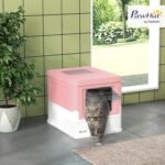 PawHut Cat Litter Box, Enclosed Foldable Kitty Litter Box with Scoop, Tray, Front & Top Entry, Large Space, Portable Design, Pink - Image 3