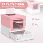 PawHut Cat Litter Box, Enclosed Foldable Kitty Litter Box with Scoop, Tray, Front & Top Entry, Large Space, Portable Design, Pink - Image 4