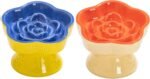 2pcs Ceramics Raised Slow Feeder Cat Bowl, Ceramic Elevated and Titled Glass Food Bowl Small Dogs Slow Feeder, Flower Shaped Cute Cat Dish for Dry and Wet Food (Blue&Orange) - Image 2