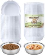 Bulk Disposable Cat Bowls Set (300 Pcs Cat Food Bowl liners + 2 Pcs Stainless Steel Pet Bowls) Disposable Pet Food Bowls for Puppy Kitten Small Dogs Cats Small Paper Bowls for Dry and Wet Food (White) - Image 2
