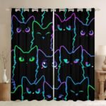 Cartoon Cat Blackout Curtains for Bedroom,Kids Boys Girls Cute Animal Curtains & Drapes Gradient Line Neon Black Cat Window Treatments 2 Panels 38"Wx45"L,Watercolor Kitten Pet Cats Kawaii Room Decor - Image 2