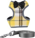 Dog Harness and Leash Set，Soft Mesh No Pull Dog Cat Harness Vest with Bowtie Bell for Small Dogs Puppy and Cats Outdoor Training and Running Classic Plaid Pattern (Medium(11.0"-18.1"), Yellow Plaid) - Image 2