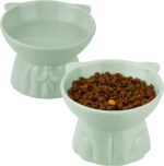 Elevated Cat Bowls 2-Pack, Ceramic Raised Cat Food & Water Dishes - Extra Wide & Shallow Whisker-Friendly Design, Anti-Vomit & Easy Digestion, Lead/Cadmium-Free, Microwave & Dishwasher Safe (Green) - Image 2