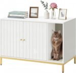 Feandrea Litter Box Enclosure, Modern Cat Litter Box Furniture Hidden, with Scratching Mat, Tall Legs, Cat House, Side End Table, 35.4 x 18.9 x 24.2 Inches, White and Gold UPCL027W01 - Image 2