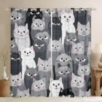 Feelyou Cats Window Drapes Grey and White Cats Curtains Pet Pattern Window Curtains for Bedroom Living Room for Kids Boys Girls Cat Lover's 3D Animal Theme Treatments, 38x45 Inches,2 Panels - Image 2