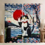 Feelyou Lucky Cat Curtains for Bedroom (2 Panels, 42 x 90 Inch) Cherry Blossoms Darkening Drapes Japanese Style 30%-50% Blackout Curtains Cute Kawaii Cat Animal Pattern Sakura Flower Window Treatments - Image 2