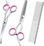 GEMEK Dog Grooming Scissors with Safety Round Tips Stainless Steel Professional Dog Grooming Kit - Thinning, Curved Scissors and Comb for Cat Pet (Pink 4 in 1) - Image 2