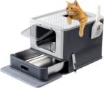 Marchul Stainless Steel Cat Litter Box with Lid & Drawer, Adjustable Front Entry Top Exit Kitty Box, Large Metal Covered Litter Box with Scoop & Litter Mat, Dark Gray - Image 2