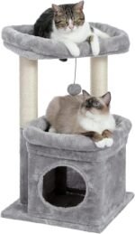 PAWZ Road Cat Tree, Multi-Level Cat Tower with Sisal-Covered Scratching Post, Cozy Cat Condo Soft Cat Perch and Plush Pompom for Indoor Cats, Grey - Image 2
