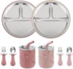 PandaEar Stainless Steel Baby Feeding Set | 2 Divided Suction Plates, 2 Spill-Proof Straw Cups with Silicone Sleeves, 2 Forks & 2 Spoons | Toddler Utensils for Baby Led Weaning, BPA-Free - Image 2