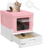PawHut Cat Litter Box, Enclosed Foldable Kitty Litter Box with Scoop, Tray, Front & Top Entry, Large Space, Portable Design, Pink - Image 2