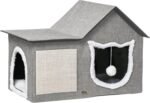 PawHut Large Cat House Cave for Indoor, Covered Cat Bed with Soft Cushion, Scratching Pad, Dangling Ball, Kitten Condo Hideaway with Dual Entrances, Grey - Image 2