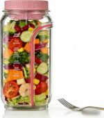 Portable Salad Jar with Side Opening, with Dressing Cup – Leak-Resistant Container for Lunch, Work, Travel & Office Food Prep, On The Go Salad Jar for Adults, 5 Colors, Camping & Picnic (Pink) - Image 2